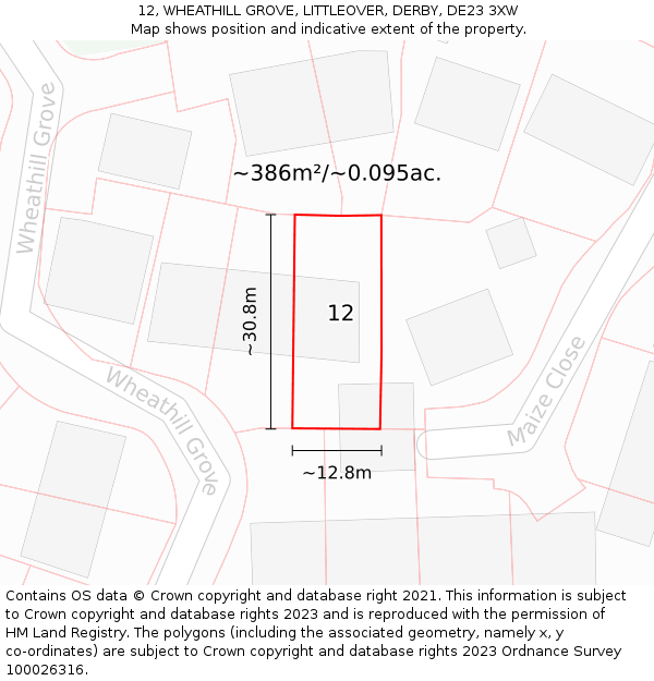 12, WHEATHILL GROVE, LITTLEOVER, DERBY, DE23 3XW: Plot and title map