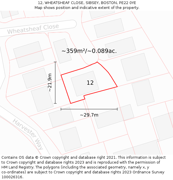 12, WHEATSHEAF CLOSE, SIBSEY, BOSTON, PE22 0YE: Plot and title map