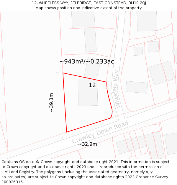 12, WHEELERS WAY, FELBRIDGE, EAST GRINSTEAD, RH19 2QJ: Plot and title map