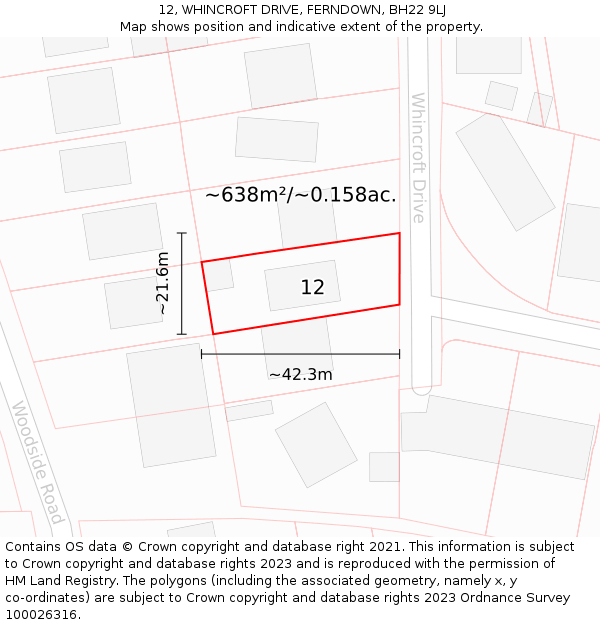 12, WHINCROFT DRIVE, FERNDOWN, BH22 9LJ: Plot and title map