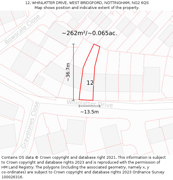 12, WHINLATTER DRIVE, WEST BRIDGFORD, NOTTINGHAM, NG2 6QS: Plot and title map