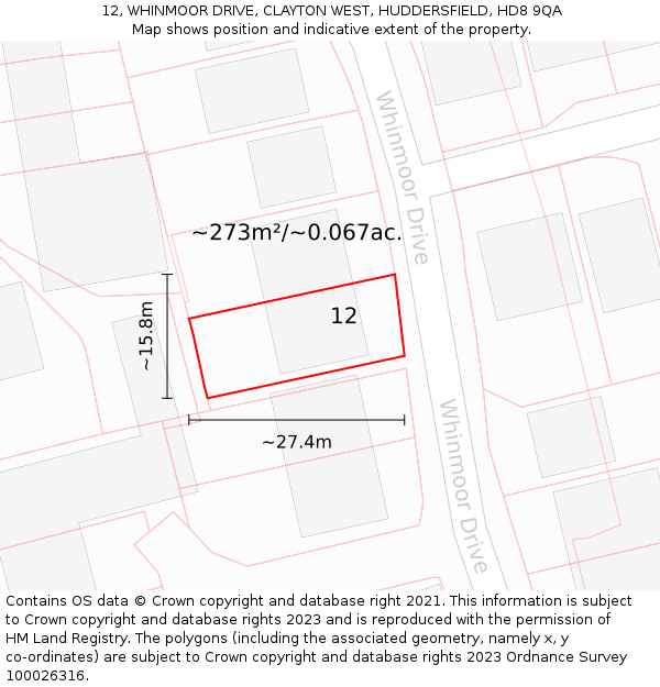 12, WHINMOOR DRIVE, CLAYTON WEST, HUDDERSFIELD, HD8 9QA: Plot and title map