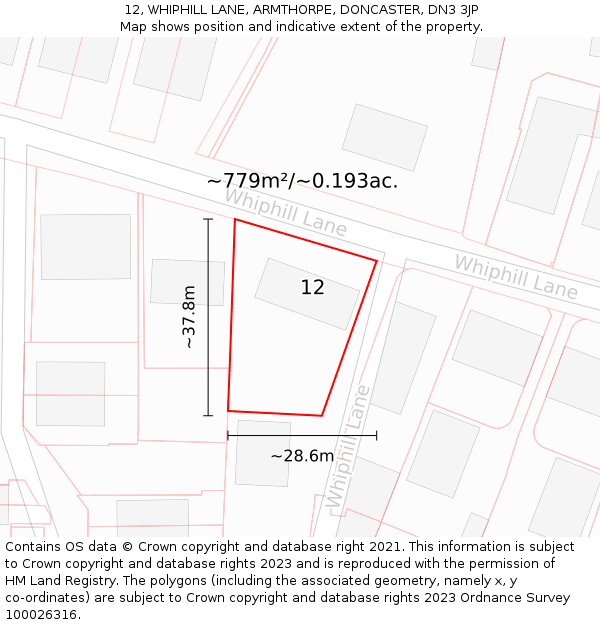 12, WHIPHILL LANE, ARMTHORPE, DONCASTER, DN3 3JP: Plot and title map