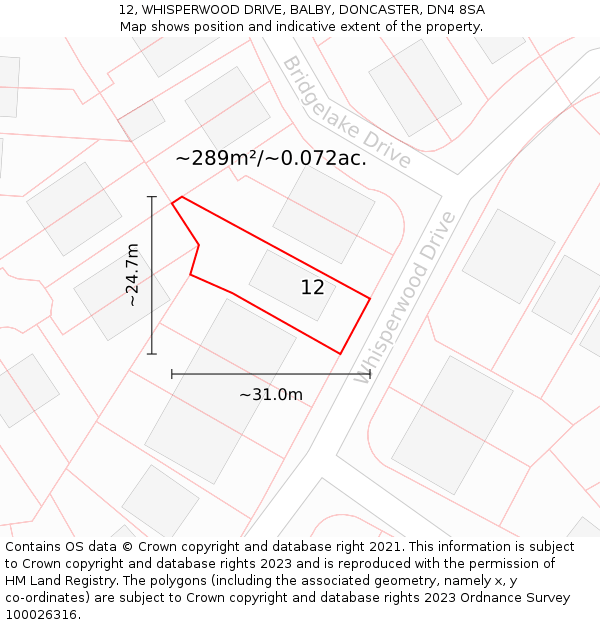 12, WHISPERWOOD DRIVE, BALBY, DONCASTER, DN4 8SA: Plot and title map