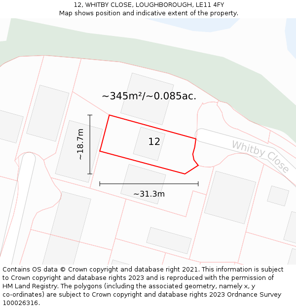 12, WHITBY CLOSE, LOUGHBOROUGH, LE11 4FY: Plot and title map