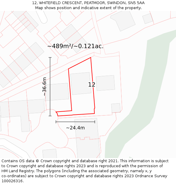 12, WHITEFIELD CRESCENT, PEATMOOR, SWINDON, SN5 5AA: Plot and title map