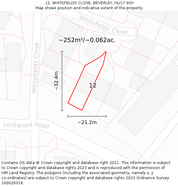 12, WHITEFIELDS CLOSE, BEVERLEY, HU17 9GY: Plot and title map