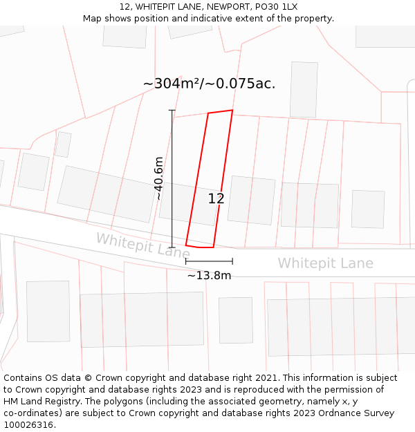 12, WHITEPIT LANE, NEWPORT, PO30 1LX: Plot and title map