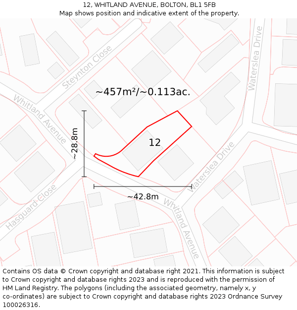 12, WHITLAND AVENUE, BOLTON, BL1 5FB: Plot and title map