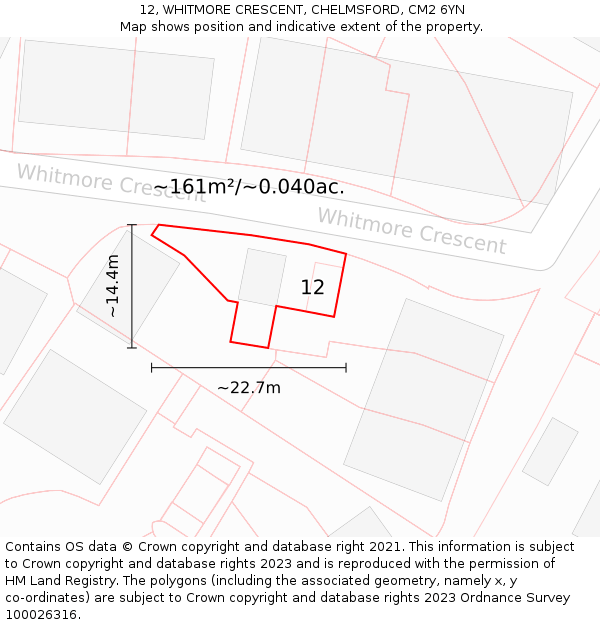 12, WHITMORE CRESCENT, CHELMSFORD, CM2 6YN: Plot and title map