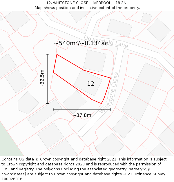 12, WHITSTONE CLOSE, LIVERPOOL, L18 3NL: Plot and title map