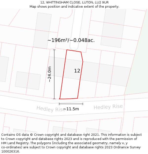 12, WHITTINGHAM CLOSE, LUTON, LU2 9UR: Plot and title map