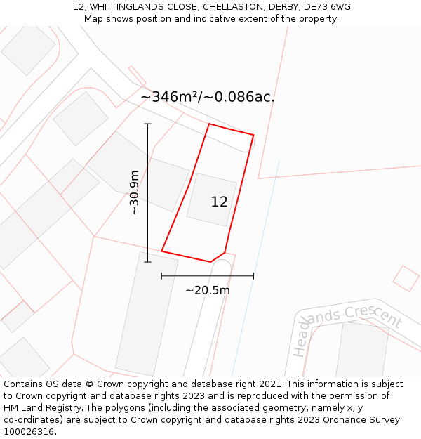 12, WHITTINGLANDS CLOSE, CHELLASTON, DERBY, DE73 6WG: Plot and title map