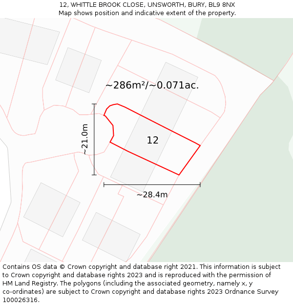 12, WHITTLE BROOK CLOSE, UNSWORTH, BURY, BL9 8NX: Plot and title map