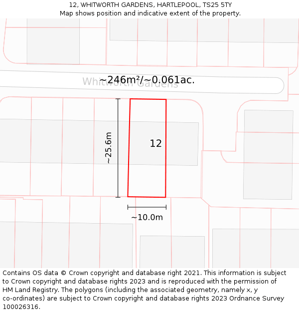 12, WHITWORTH GARDENS, HARTLEPOOL, TS25 5TY: Plot and title map