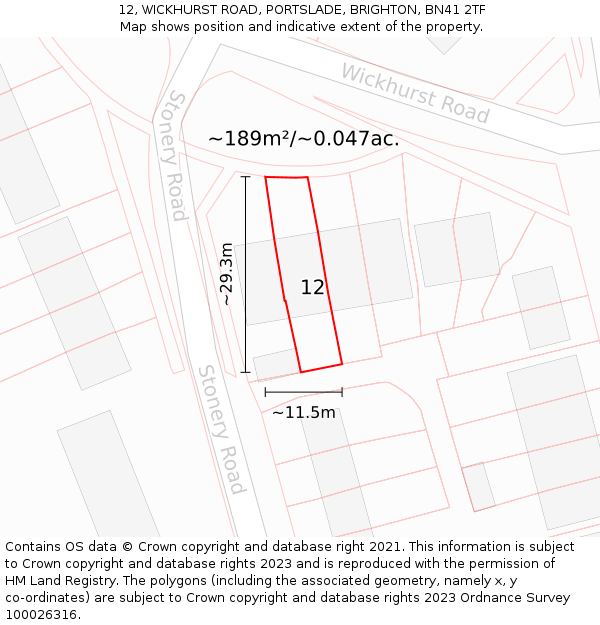 12, WICKHURST ROAD, PORTSLADE, BRIGHTON, BN41 2TF: Plot and title map