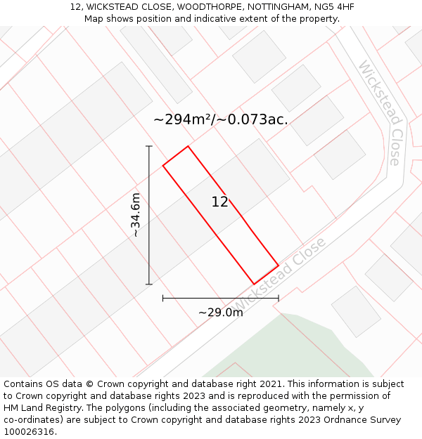 12, WICKSTEAD CLOSE, WOODTHORPE, NOTTINGHAM, NG5 4HF: Plot and title map