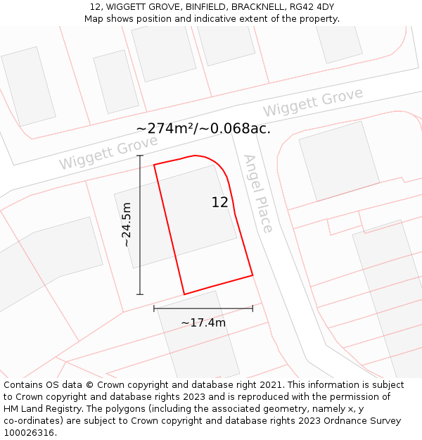 12, WIGGETT GROVE, BINFIELD, BRACKNELL, RG42 4DY: Plot and title map