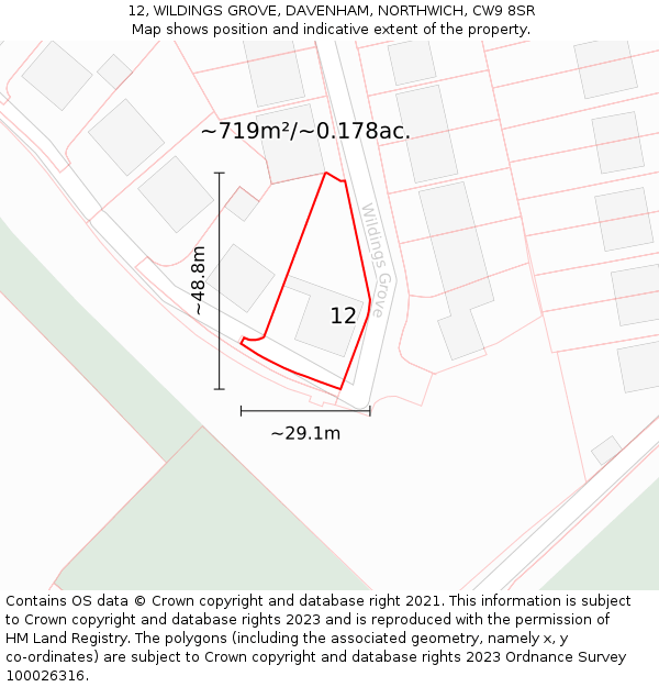 12, WILDINGS GROVE, DAVENHAM, NORTHWICH, CW9 8SR: Plot and title map