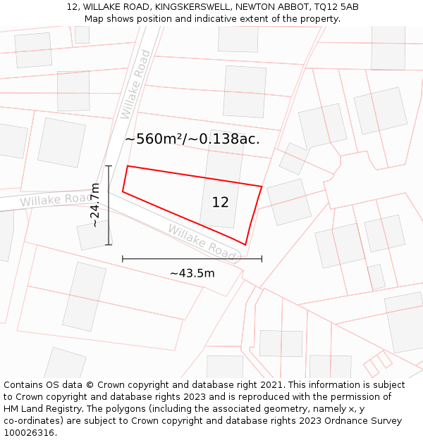 12, WILLAKE ROAD, KINGSKERSWELL, NEWTON ABBOT, TQ12 5AB: Plot and title map