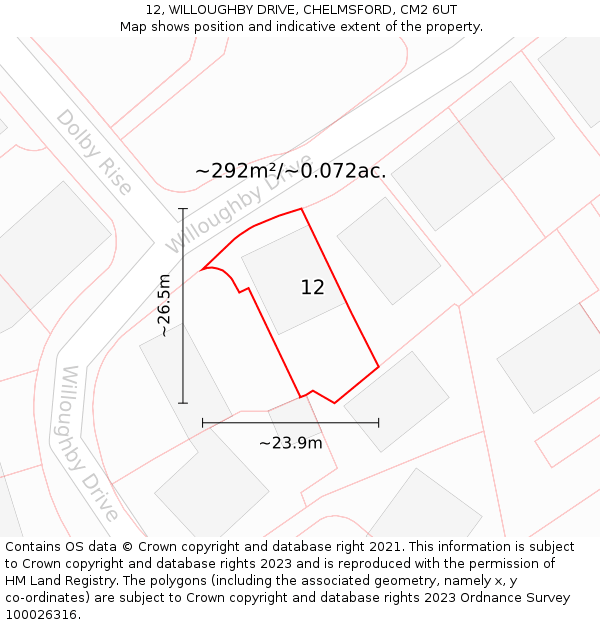 12, WILLOUGHBY DRIVE, CHELMSFORD, CM2 6UT: Plot and title map