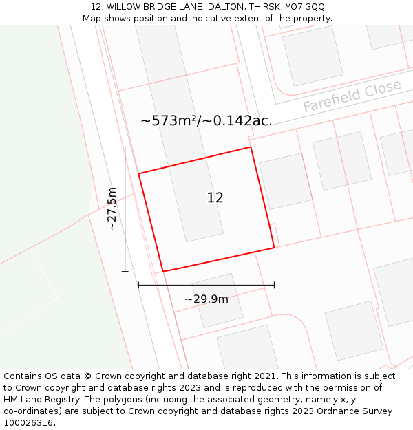 12, WILLOW BRIDGE LANE, DALTON, THIRSK, YO7 3QQ: Plot and title map