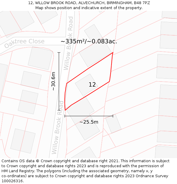 12, WILLOW BROOK ROAD, ALVECHURCH, BIRMINGHAM, B48 7PZ: Plot and title map