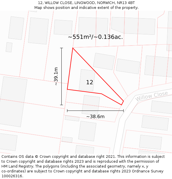 12, WILLOW CLOSE, LINGWOOD, NORWICH, NR13 4BT: Plot and title map