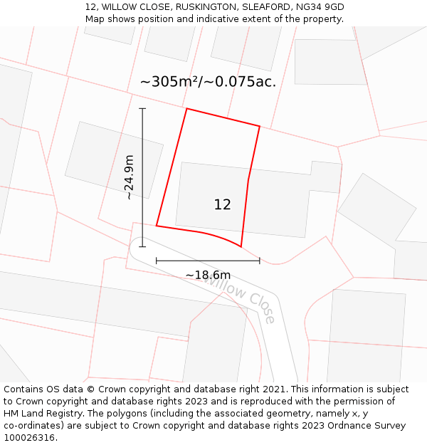 12, WILLOW CLOSE, RUSKINGTON, SLEAFORD, NG34 9GD: Plot and title map