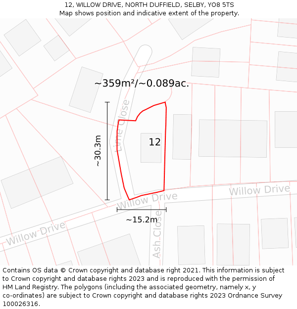 12, WILLOW DRIVE, NORTH DUFFIELD, SELBY, YO8 5TS: Plot and title map