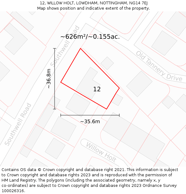 12, WILLOW HOLT, LOWDHAM, NOTTINGHAM, NG14 7EJ: Plot and title map