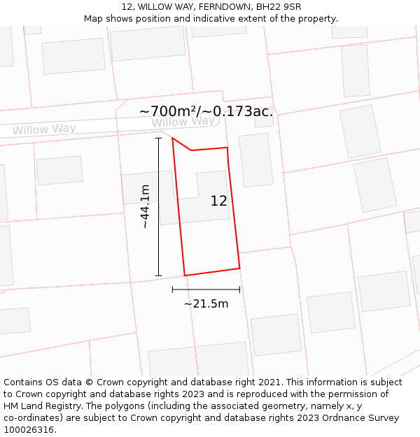 12, WILLOW WAY, FERNDOWN, BH22 9SR: Plot and title map