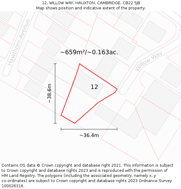 12, WILLOW WAY, HAUXTON, CAMBRIDGE, CB22 5JB: Plot and title map