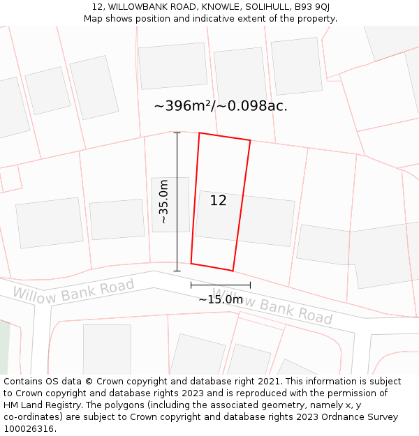 12, WILLOWBANK ROAD, KNOWLE, SOLIHULL, B93 9QJ: Plot and title map