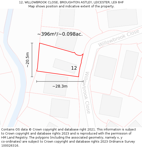 12, WILLOWBROOK CLOSE, BROUGHTON ASTLEY, LEICESTER, LE9 6HF: Plot and title map