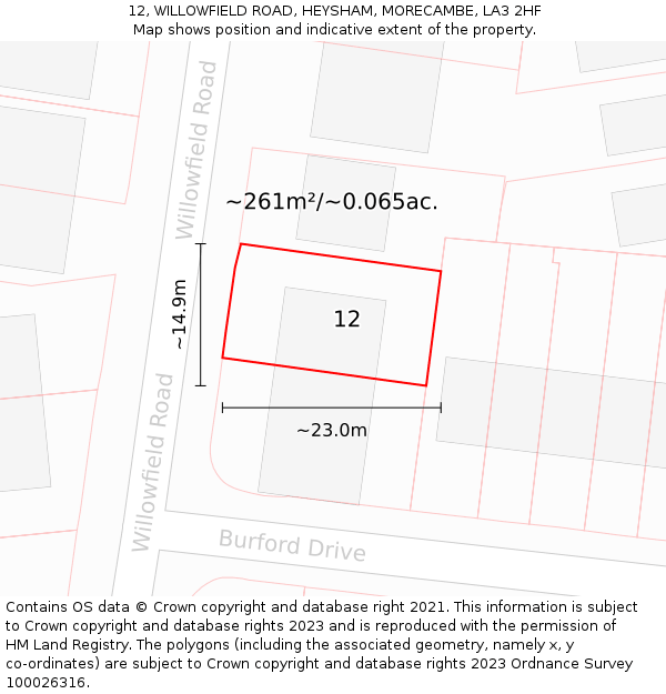 12, WILLOWFIELD ROAD, HEYSHAM, MORECAMBE, LA3 2HF: Plot and title map