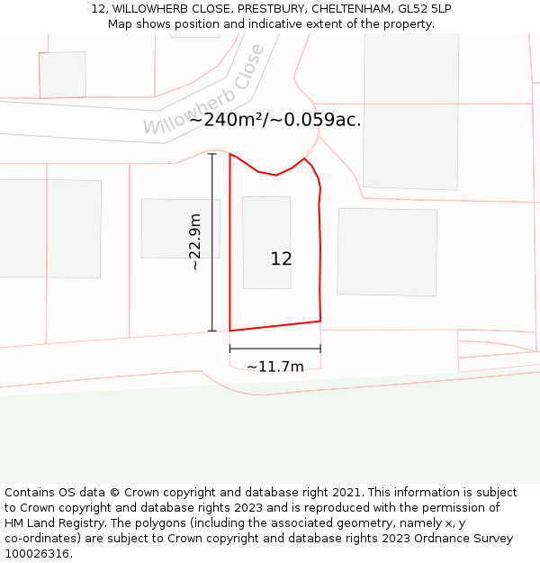 12, WILLOWHERB CLOSE, PRESTBURY, CHELTENHAM, GL52 5LP: Plot and title map