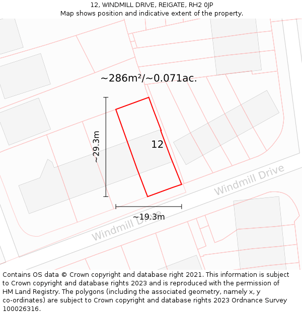 12, WINDMILL DRIVE, REIGATE, RH2 0JP: Plot and title map