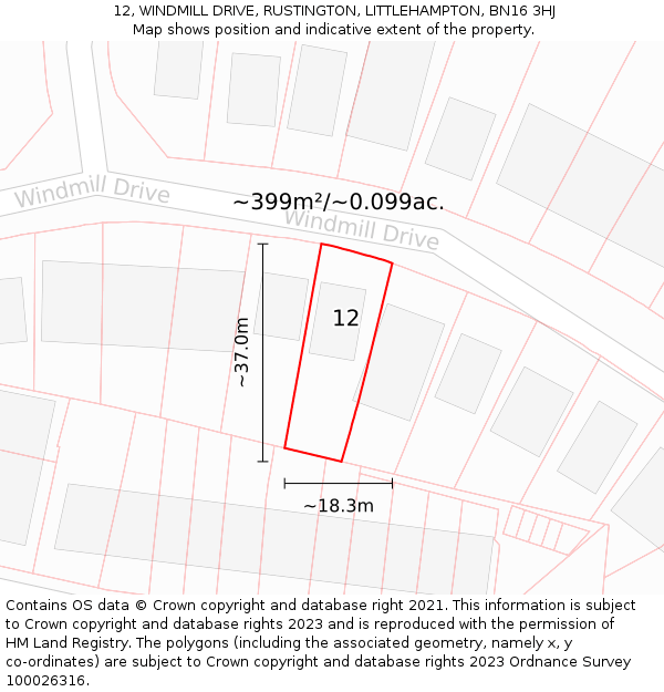 12, WINDMILL DRIVE, RUSTINGTON, LITTLEHAMPTON, BN16 3HJ: Plot and title map