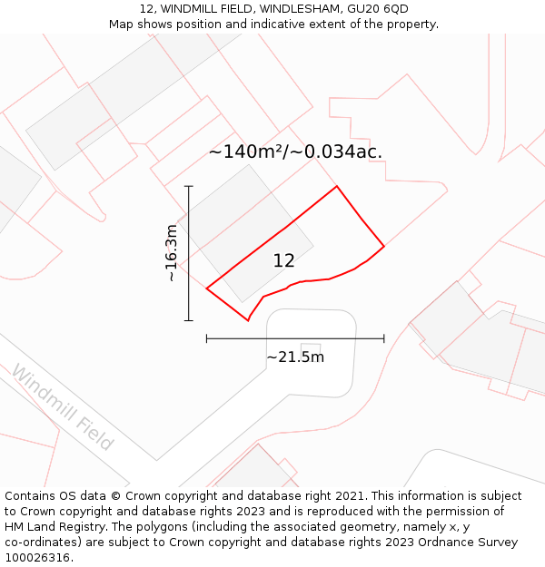 12, WINDMILL FIELD, WINDLESHAM, GU20 6QD: Plot and title map