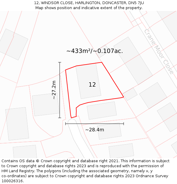 12, WINDSOR CLOSE, HARLINGTON, DONCASTER, DN5 7JU: Plot and title map