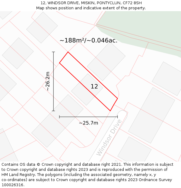 12, WINDSOR DRIVE, MISKIN, PONTYCLUN, CF72 8SH: Plot and title map