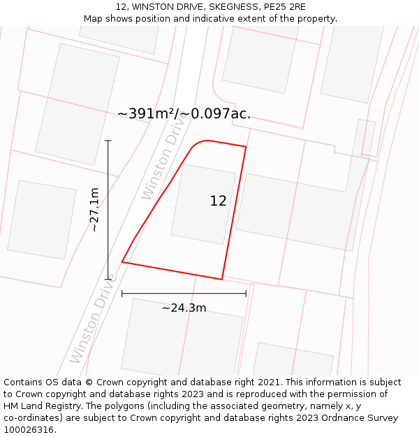 12, WINSTON DRIVE, SKEGNESS, PE25 2RE: Plot and title map