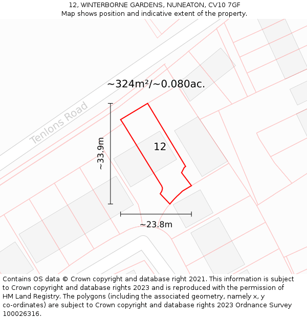 12, WINTERBORNE GARDENS, NUNEATON, CV10 7GF: Plot and title map