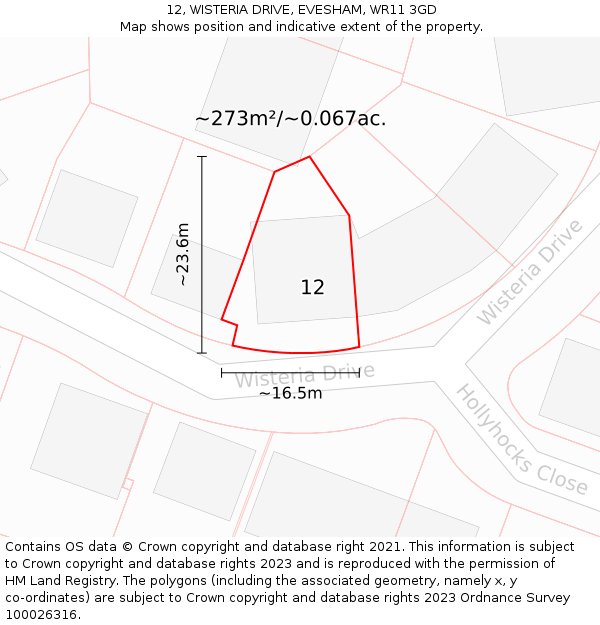 12, WISTERIA DRIVE, EVESHAM, WR11 3GD: Plot and title map