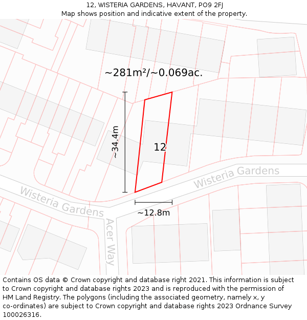 12, WISTERIA GARDENS, HAVANT, PO9 2FJ: Plot and title map