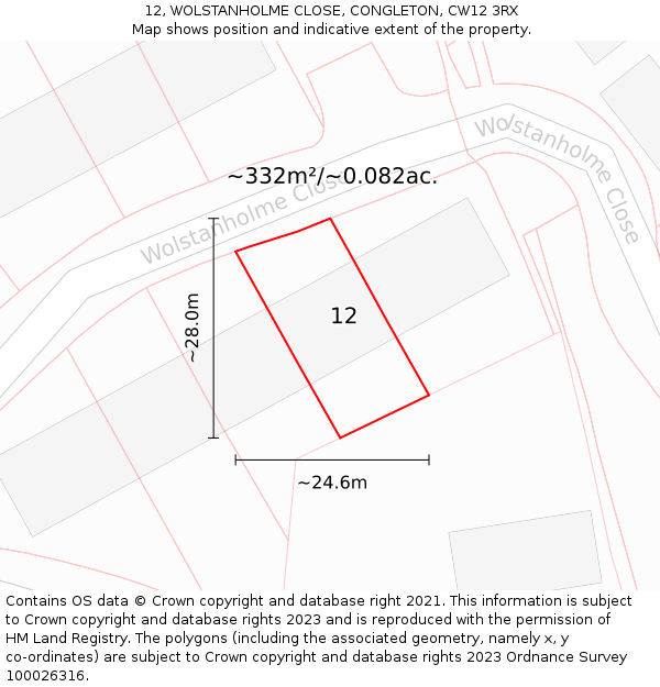 12, WOLSTANHOLME CLOSE, CONGLETON, CW12 3RX: Plot and title map