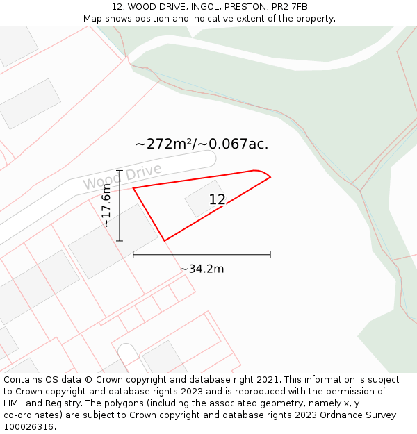 12, WOOD DRIVE, INGOL, PRESTON, PR2 7FB: Plot and title map