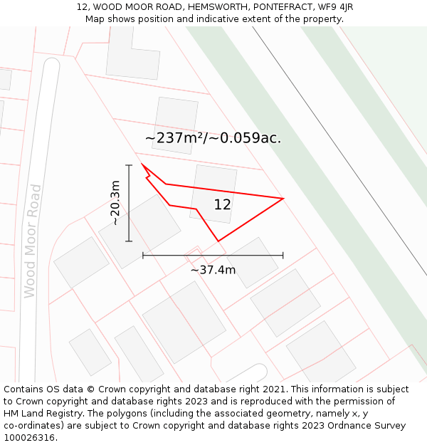 12, WOOD MOOR ROAD, HEMSWORTH, PONTEFRACT, WF9 4JR: Plot and title map