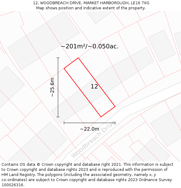 12, WOODBREACH DRIVE, MARKET HARBOROUGH, LE16 7XG: Plot and title map